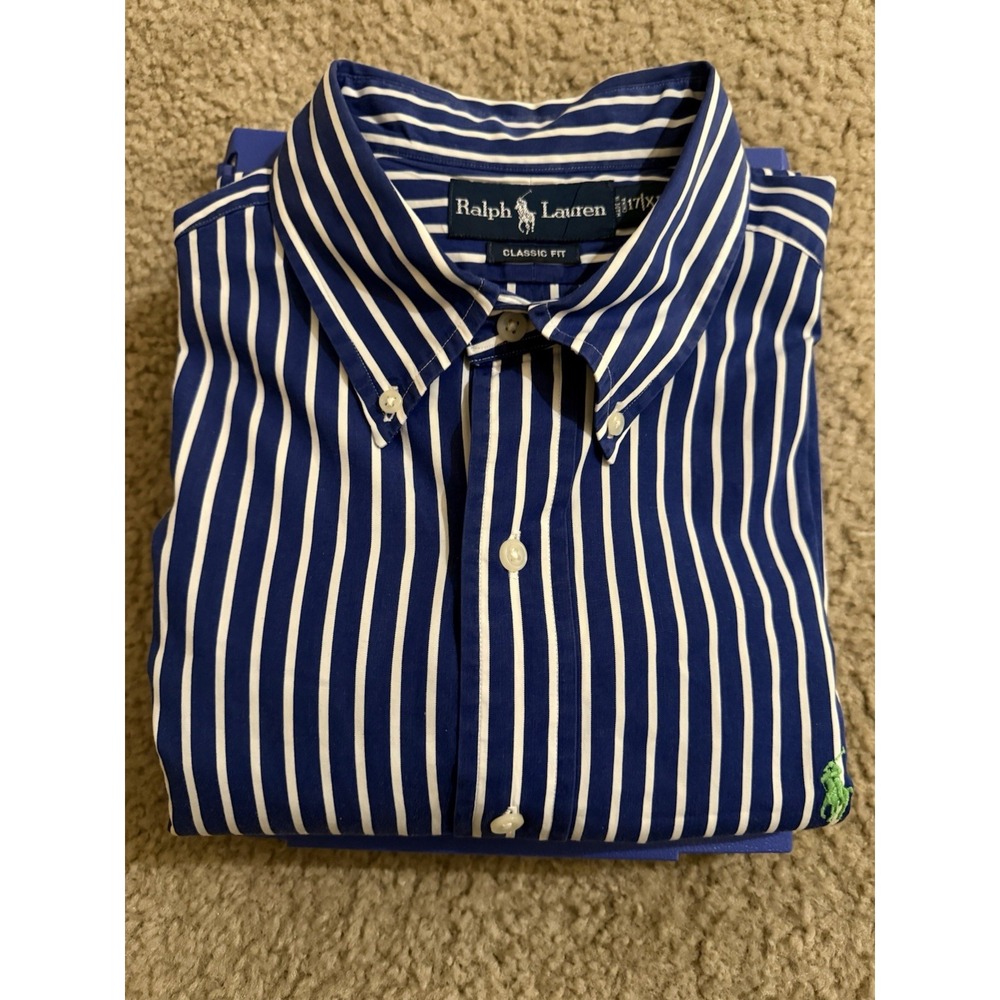 Men's Size 17/XL Navy And White Striped Long Sleeve Button Down Shirt
